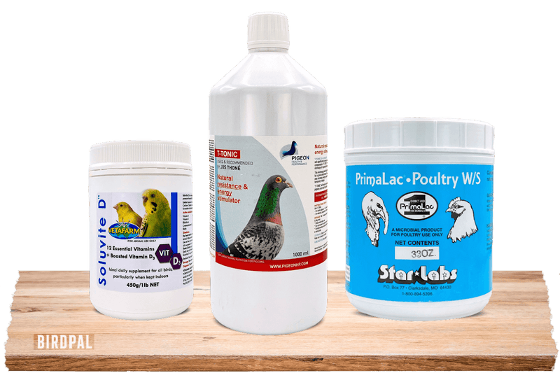 Vitamins and supplements products for pet birds, pigeons, and chickens sold at Birdpal Products.