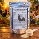 Electro Fowl Plus for chickens on table with scenic background containing chickens. 