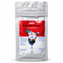 A silver stand-up pouch of AVIO Primaquin Powder for pigeons and cage birds, featuring a red and white label with an illustration of a pigeons and a blue AVIO logo.