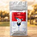 A stand-up pouch of AVIO Primaquin Powder for birds, featuring a red and white label with an illustration of a blue bird, set against a blurred outdoor background.