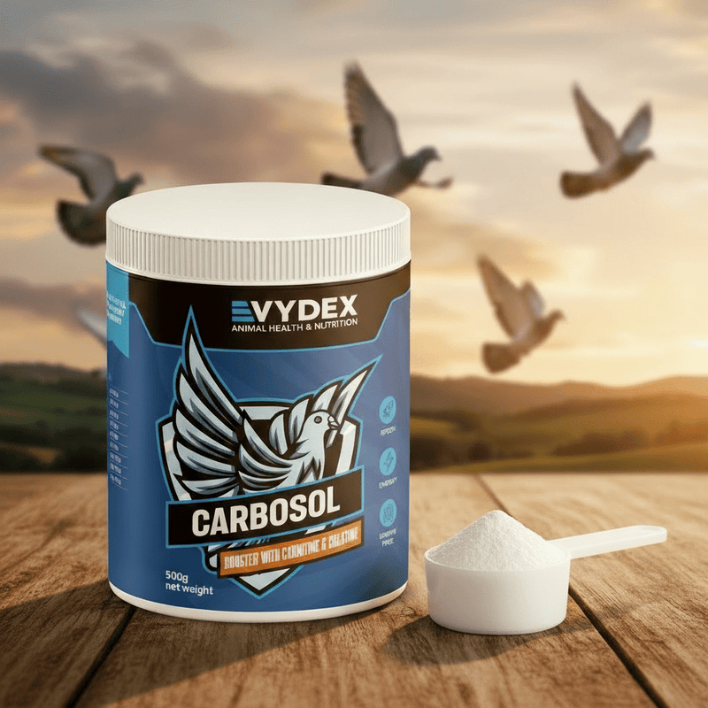 Vydex Carbosol supplement for racing pigeons container on a wooden surface with a scenic background.