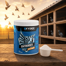 Vydex Entrodex probiotic supplement for pigeons on wooden table with plastic scoop containing powder. 