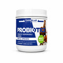 A white plastic tub of FARMALAB USA Probiotics powder, featuring a blue and white label with an illustration of a horse and a green 'MULTI SPECIES' badge.