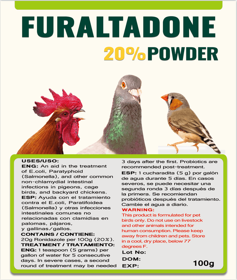 Furaltadone 20% Powder for Cage Birds, Pigeons, & Backyard Chickens - BirdPal Avian Products, Inc.