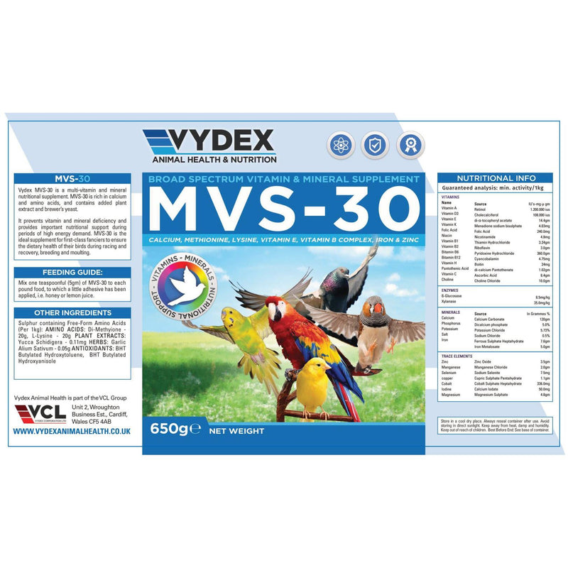 Vydex MVS-30 - Multi-Vitamin & Mineral Supplement for Birds